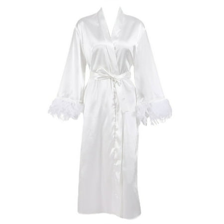 

Long Sleeve Bride Robe Wedding Pijama White Bathrobe Sexy Sleepwear Feather Cuff