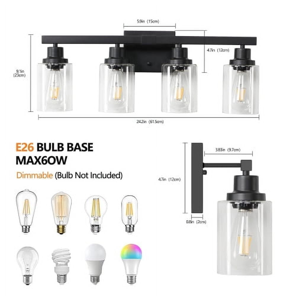 Hi-LIGHTS,4-Lights Rustic Bathroom Light Fixture(Bulbs Not Included),Bathroom Sconce,Farmhouse Vanity Lights Fixture for Bathroom,Dressing room,Living Room,Bedroom(Black)