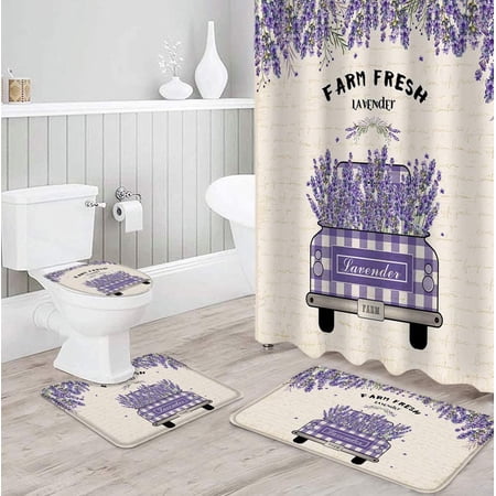 ZHANZZK Floral Lavender 4 Piece Bathroom Set Shower Curtain Bath Rug Contour Mat and Toilet Lid Cover
