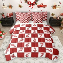 Homewish Artoon Candy Cane 7pcs Bedding Comforter Set,Red White Plaid Queen Bedding Sets,Merry Christmas Queen Sheet Sets For Girl Teens,Home Decor Reversible