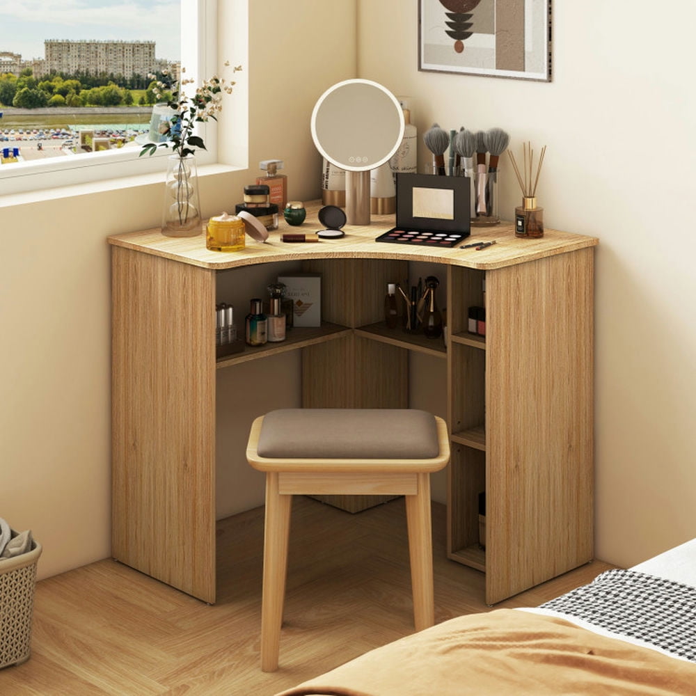 Demi Bonn Corner Computer Desk Triangle Home Office Desk with Adjustable Shelf and Arc-Shaped Profile, Beige