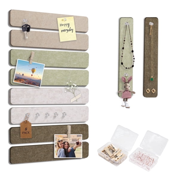 Cork Board Alternative Felt Strip Board 8-Pack 13"x2", Office Pin Board with 40 Push Pins, Adhesive Install for Bedroom Door & Home Office(Linen Dusk)