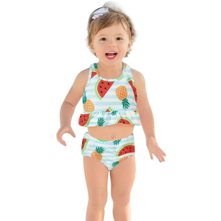 

Summer Girls Swimwear Watermelon Dinosaur Piece Ruffles Two Cartoon Outfits