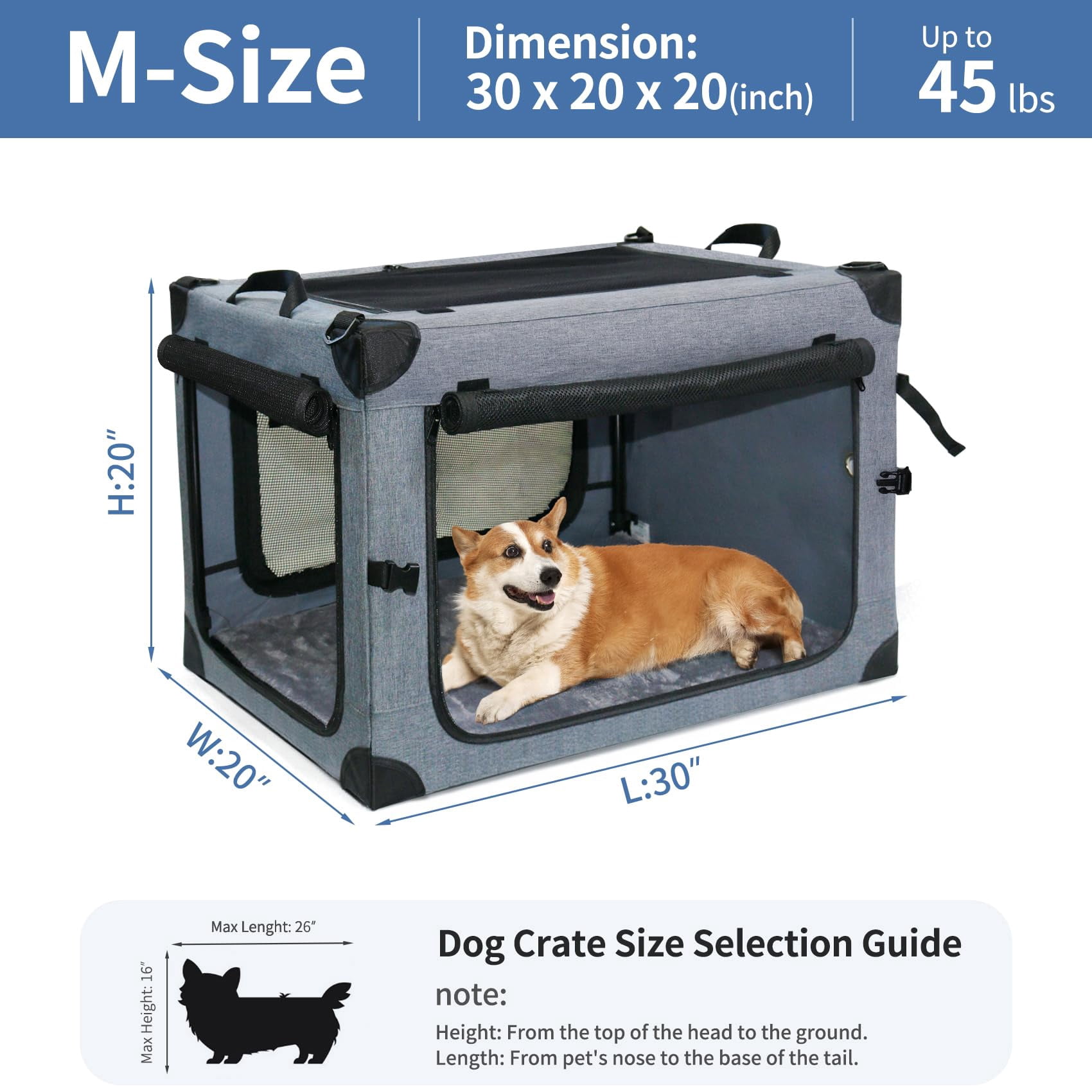 Collapsible Dog Crates For Large Dogs Portable Soft Sided Travel Carrier Indoor & Outdoor  4-door Foldable Pet Kennel With Durable Mesh Windows (gray 30.0" L X 20" W 20.0" H)
