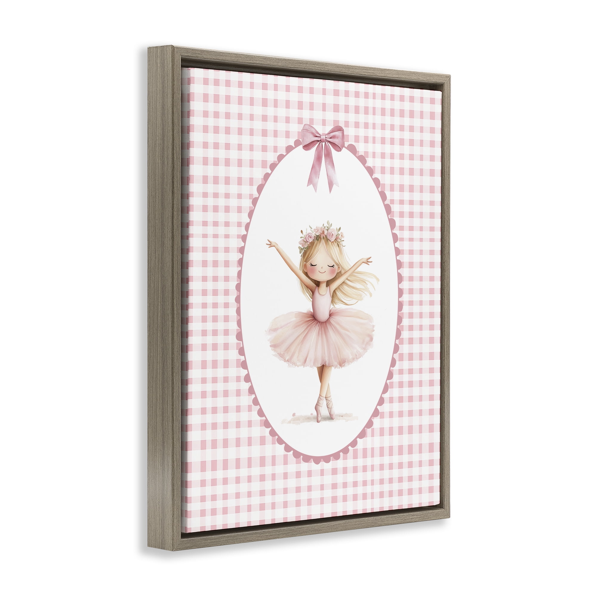 Ballerina on Pink Checkered Brown Framed Floater Canvas Wall Art, design by Christine Simpson Art