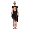 thumbnail image 2 of inlzdz Womens Shiny Rhinestone Lyrical Dance Leotards Short Sleeve Ruched Mesh Splice Figure Ice Skating Dress Black L, 2 of 6