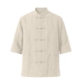 thumbnail image 6 of Men Mandarin Collar Frog Button Linen Button Up Shirt, 3/4 Sleeve Loose Casual Top with Pockets for Summer Vacation Daily Wear Beige M, 6 of 9