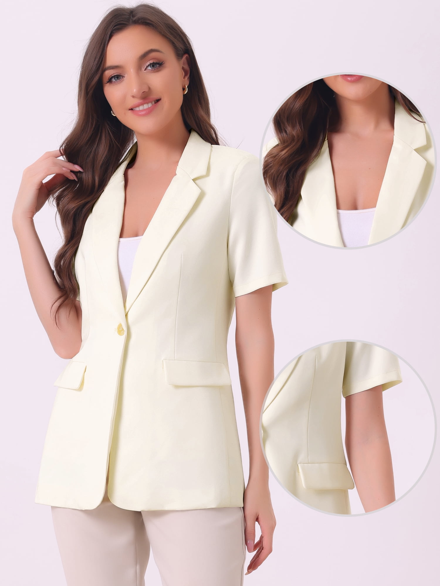 DARING DIVA Short Sleeve Button Down Lapel Blazer M Beige