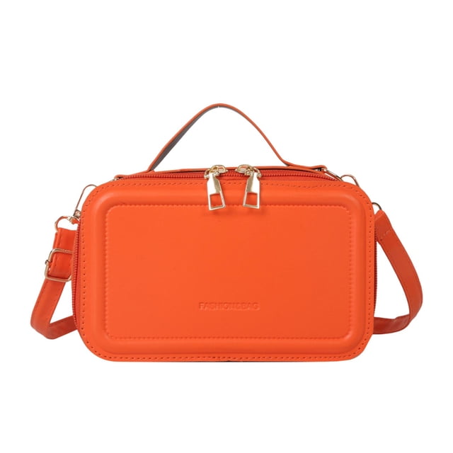 bolso bandolera de cuero strade fareast limited para mujer color naranja, vista frontal centrada; rectangular compacto de cuero PU con costuras visibles, cierre de doble cremallera y herrajes dorados. Incluye asa corta superior y correa cruzada ajustable de 110 cm; logo en relieve en el frente. Dimensiones aprox. 19 x 7.5 x 12 cm. Adecuado para trabajo, compras y uso diario.