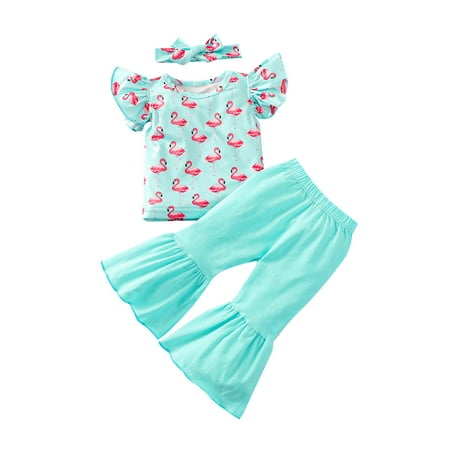

Kids Baby Girls 3PCS Outfit Set Fly Sleeve Flamingo Tops+Pants+Headband Clothes Blue 4-5 Years