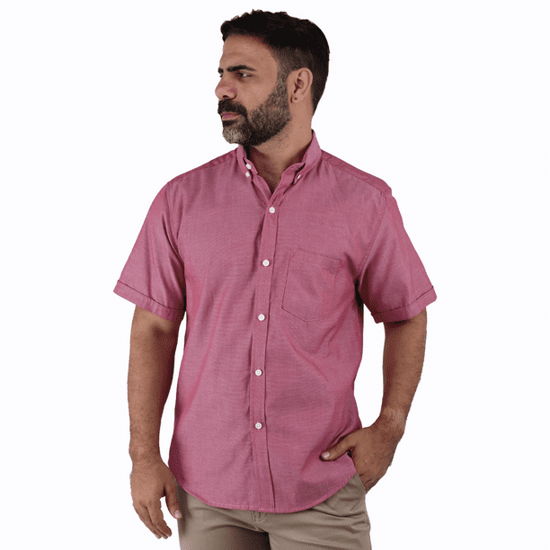Camisa de Vestir Hombre Rojo Jaspe Manga Corta Tela Con Textura