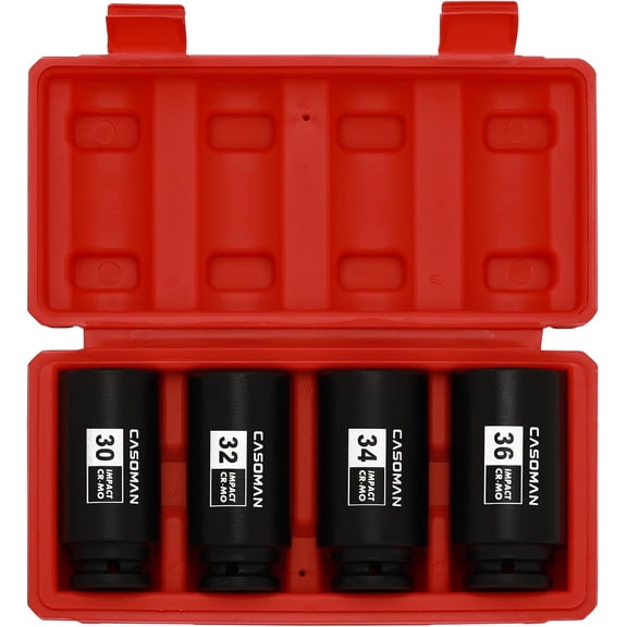CASOMAN 1/2-Inch Drive Deep Spindle Axle Nut Impact Socket Set,12 Point Metric, CR-MO, 30,32,34,36mm, 4-Piece 1/2" Heavy Duty Impact Socket Set