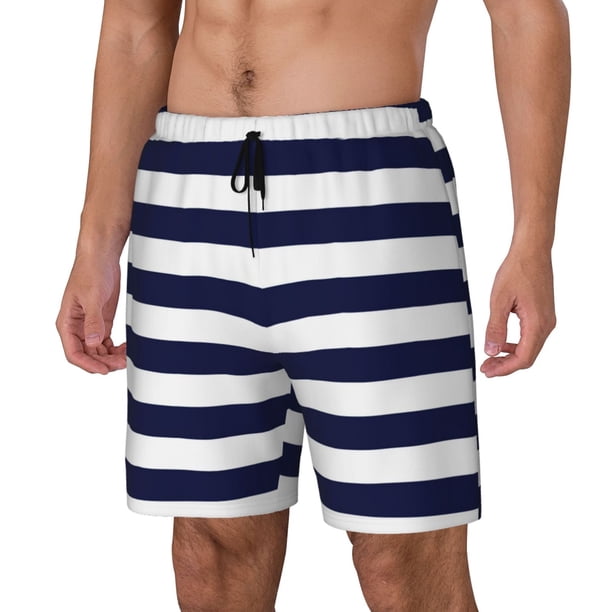 Balery Navy Blue And White Stripes Bañador para hombre, shorts de playa de secado rápido con entrepierna y forro de compresión-Medium