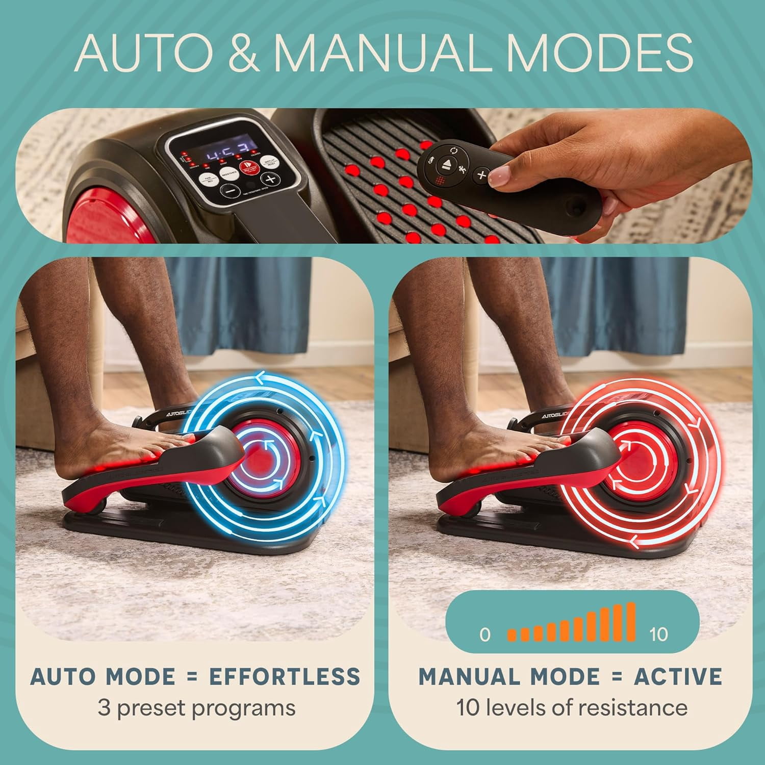 Lifepro AutoGlide Under Desk Elliptical - Motorized Pedal Exerciser with Red Light Therapy - Red