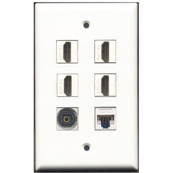RiteAV - 4 Port HDMI 1 Toslink 1 Cat5e Ethernet White Wall Plate