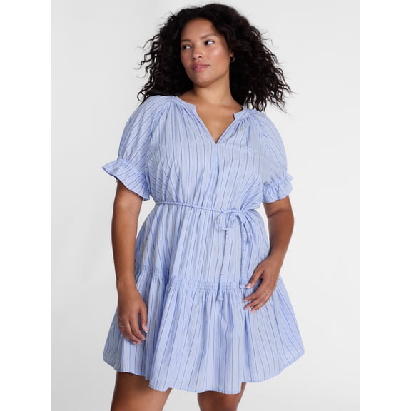 Terra & Sky Women's Plus Cotton Tiered Mini Dress with Short Puff Sleeves, Sizes 0X-5X