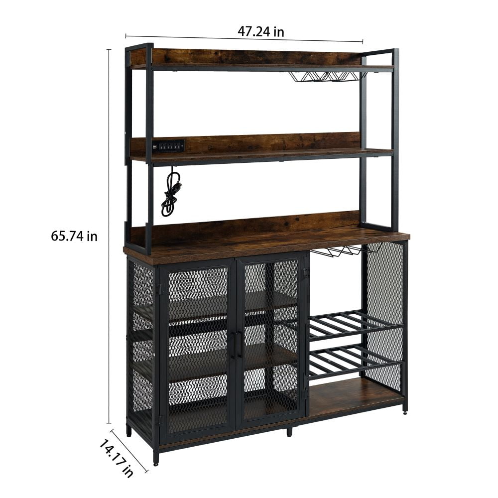 43Inch Wide Large Bakers Rack with Power Outlet, Kitchen Microwave Stand with Storage Rustic Brown