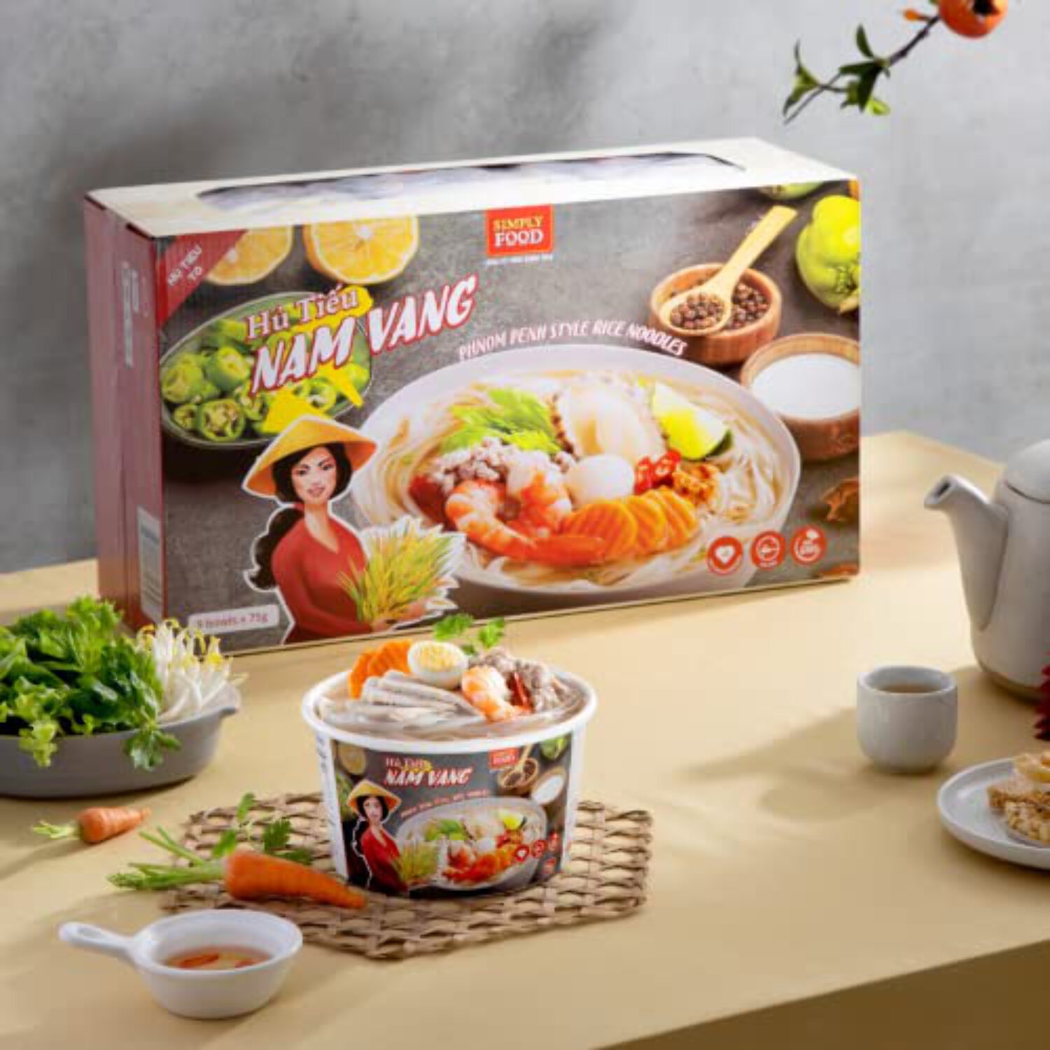 Instant Phnom Penh Rice Noodle (9 Bowls/Box): $1.99 per Bowl (80g), Fork Included by Simply Food