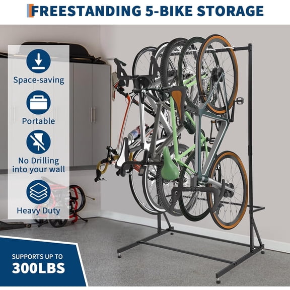 Historyli 5 Bike Storage Rack, Freestanding, Adjustable Height, 300 Lbs Capacity, Vertical