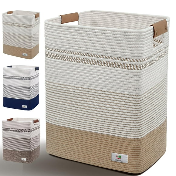 AINUOQI Cesta para la colada – Cesta grande para la colada de 85 L con asas de cuero, cesta de almacenamiento decorativa para mantas – Cestas tejidas de cuerda de algodón para almacenamiento, cesta pa