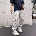 thumbnail image 2 of Pantalones cargo de pierna ancha con múltiples bolsillos para hombre, estilo primavera-otoño, pantalones holgados vintage de pierna recta, pantalones con abertura lateral y cremallera, 2 of 4