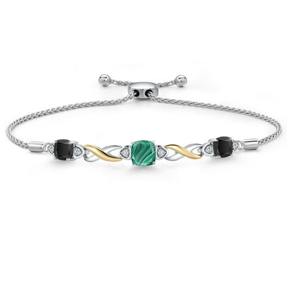 Gem Stone King 925 Silver and 10K Yellow Gold Green Malachite and Black Onyx and White Lab Grown Diamond Bracelet for Women | 2.65 Cttw | Gemstone | Cushion 6MM | Fully Adjustable 9 inch