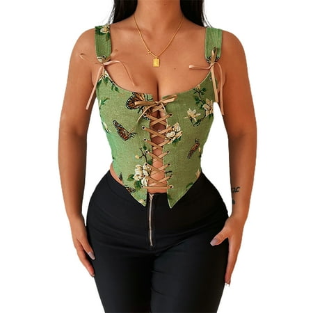 

Women Floral Print Crop Tops Bandage Lace-up Hollow Corset Shirts Sleeveless Low Cut Vest Streetwear