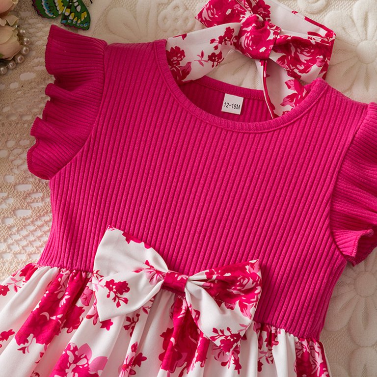 Flower Girl Dress Ruffled Bow Short Sleeve Floral Party Dress Princess with  Headband Fly Sleeve Soft Breathable Lightweight Red Dress Size 18-24 M