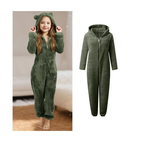 Girls Fuzzy Pajamas Girls Pajamas with Bear-Eared Hood Boys Pajamas with Zip Up One-Piece Sleepwear Teen Outerwear 11-12 Years