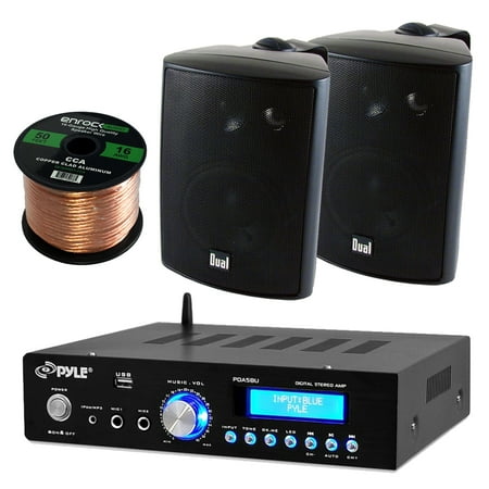 50ft Roll Transparency Pyle PDA5BU Amplifier Receiver Stereo, Bluetooth, AM/FM Radio, USB Flash Reader, Aux input LCD Display, 200 Watt With Dual LU43PB Indoor/Outdoor Speakers Bundle With Enrock 50ft 16g Speaker Wire ()