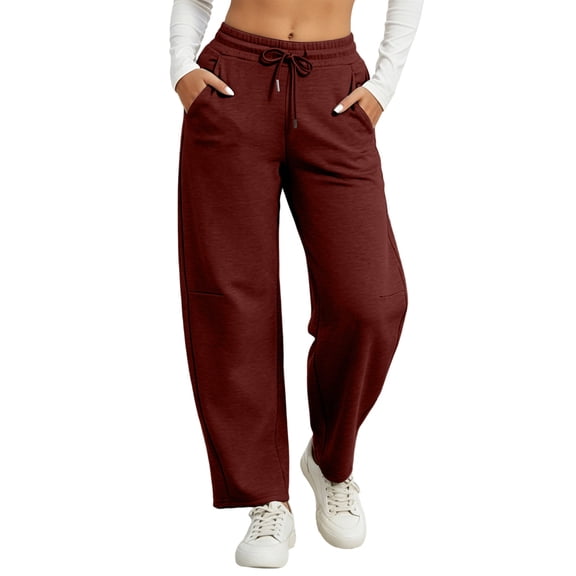 ZHYou No Boundarie Womens Sweatpants Wide Leg High Waisted Drawstring Loose Straight Baggy Fit Casual Jogger Pants with Side Pockets,Wine,Size 2XL