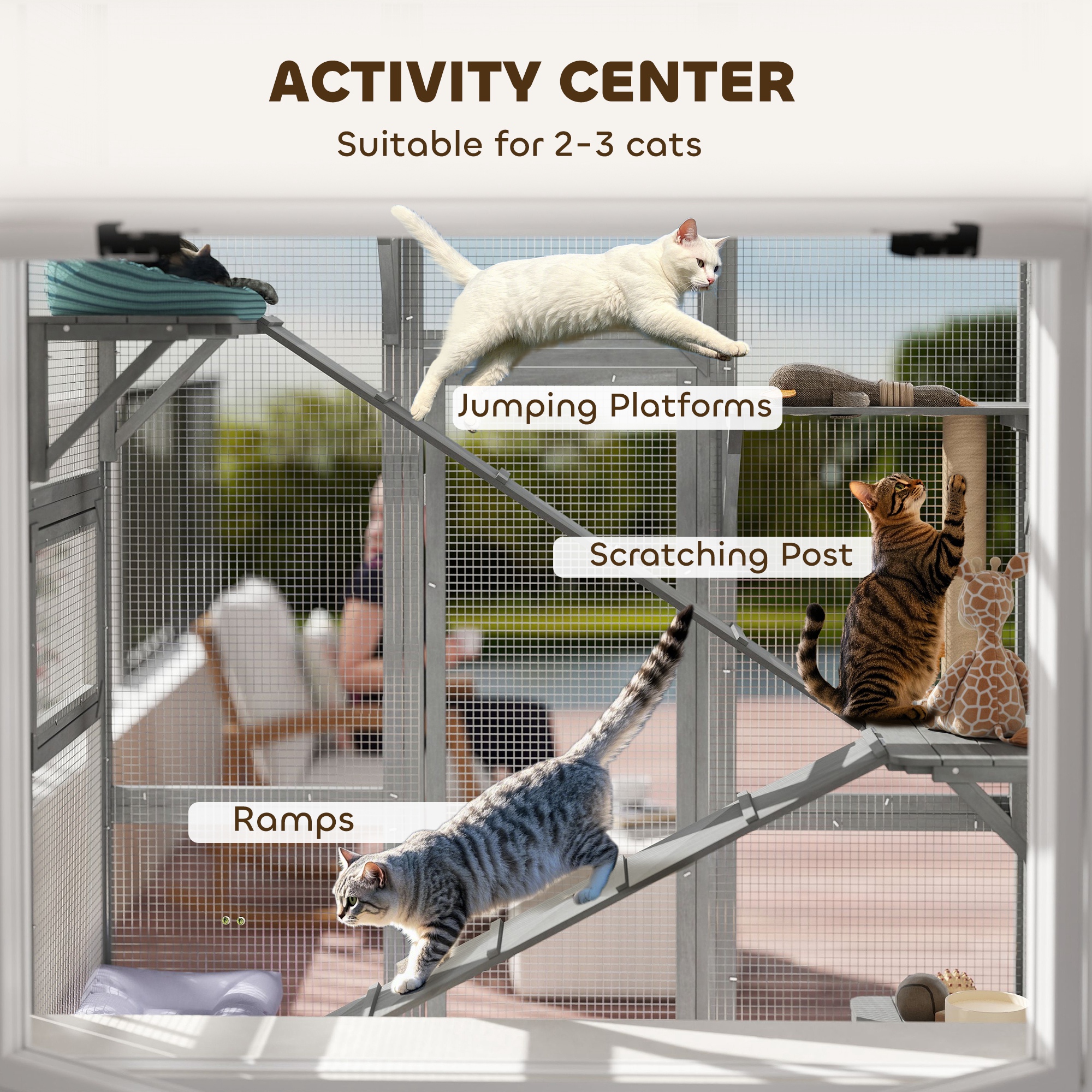 PawHut Outdoor Catio Cat Enclosure, Large Wooden Cat House with 6 Jumping Platforms, Scratching Post, 2 Ramps, Waterproof Roof, for 2-3 Kittens