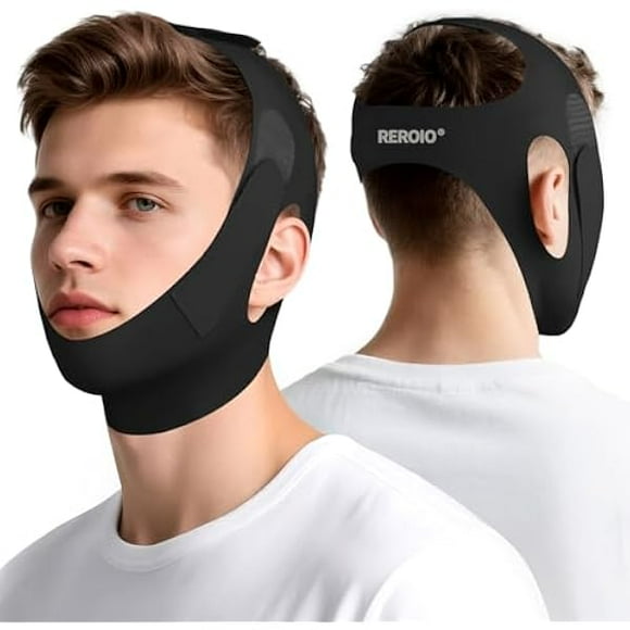 AoVoTo Chin Strap for Sleeping with 4-Side Adjustment, Anti Snoring Chin Strap Elasticity for Adults, Anti Snoring Devices Breathable and Durable, Snore Stopper for CPAP Users, Black, M