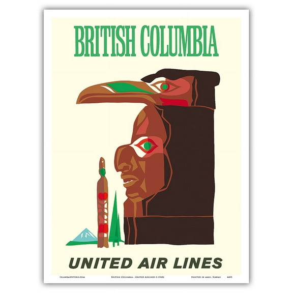 British Columbia - Northwest Indian Totem Pole - United Air Lines - Vintage Airline Travel Poster c.1960s - Master Art Print (Unframed) 9in x 12in