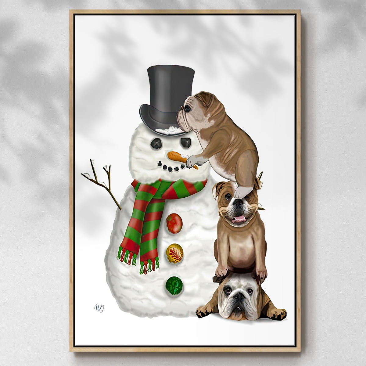 Christmas English Bulldogs Building Snowman - Framed Gallery Wrapped Holiday Canvas - 17 x 25 - Natural Wood Frame