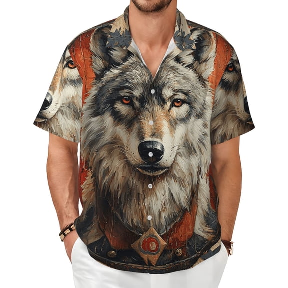 Men's Hawaiian Shirts 3D Short Sleeve Casual Summer Beach Tops, Wolf Southwestern Western Vintage