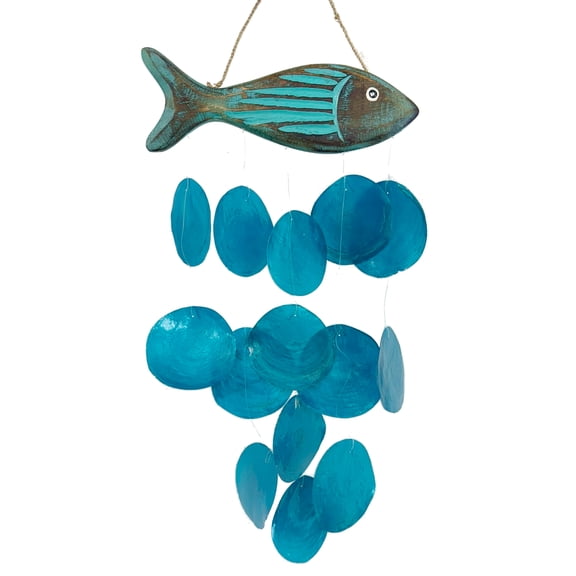 Capiz Windchime Coastal Decor – Blue Fish Beach Wind Chime Indoor Outdoor Patio Lake Gift 22”