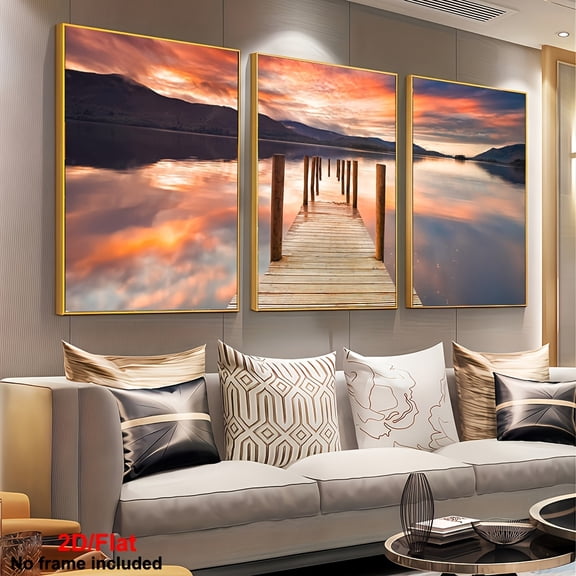 3pcs Decorative Painting Set, 2D Unframed Canvas Art, Lakeside Dock Canvas Print, Sunset Wall Art of The Derwent River, Large Triptych Landscape Painting, English Lake Scenery Artwork, Natural Lands