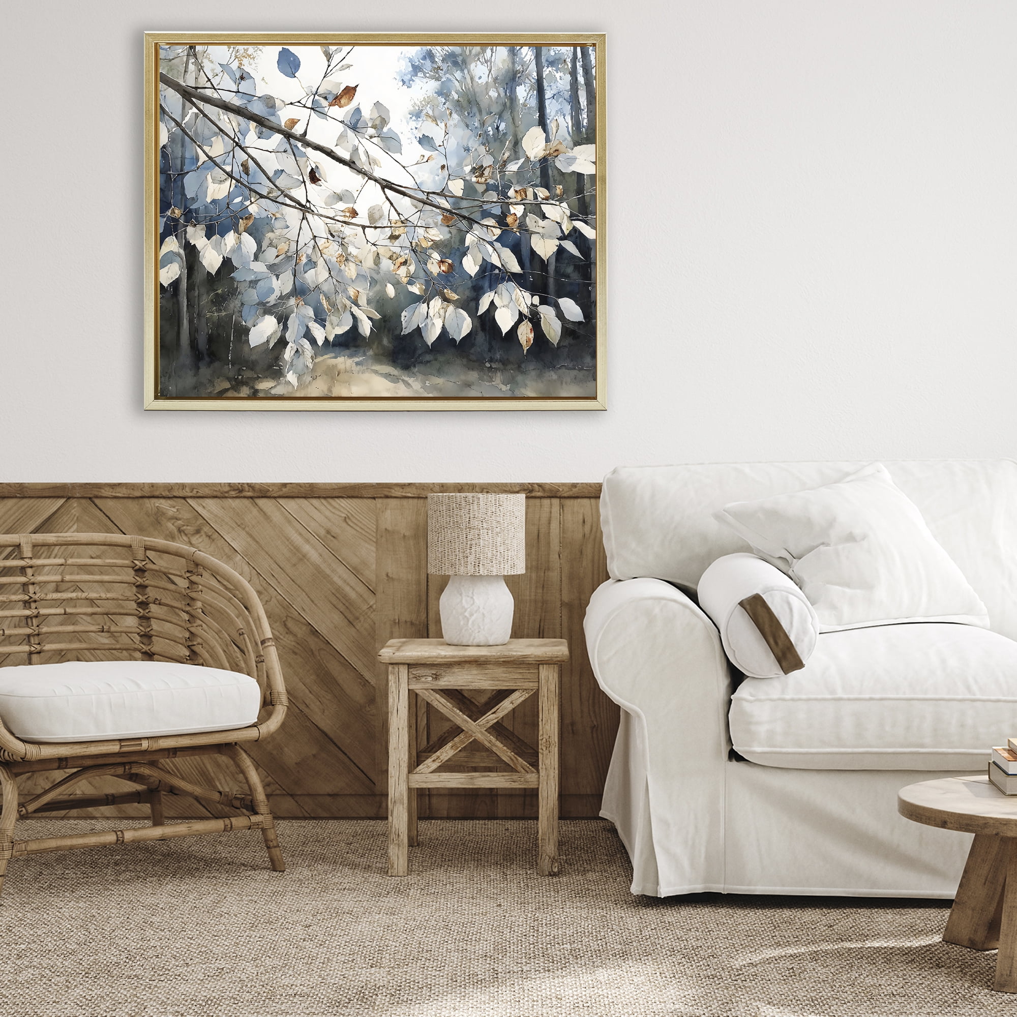 Stupell Industries Blue Fall Branch Leaves Gold Framed Floater Canvas Wall Art, design by Franklyn Gregory