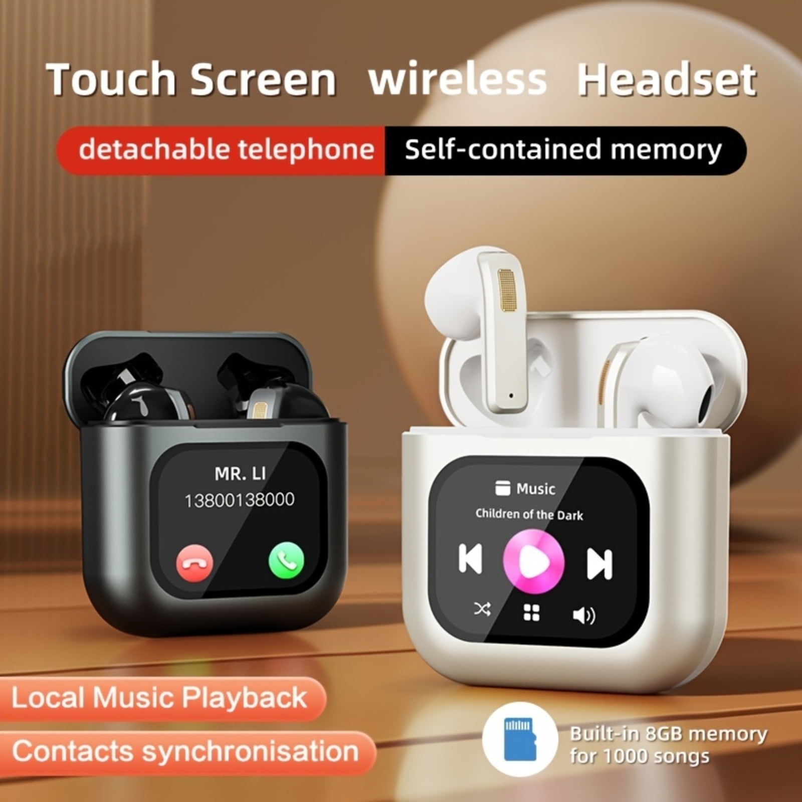 2.01" Touch Screen Wireless Bluetooth Earbuds with 8G Memory, 30H Playtime Deep Bass Bluetooth Headphones with 4 ENC Mic, Waterproof Wireless Earphones for Tablet Laptop Android/iOS Phones(Black)