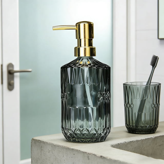 Glass Soap Dispenser Refillable Pump Bottle | Hand Wash Lotion Dispenser for Kitchen Bathroom | Smooth Non-Drip Stainless Steel Pump | Leak-Proof Shampoo Body Wash Container