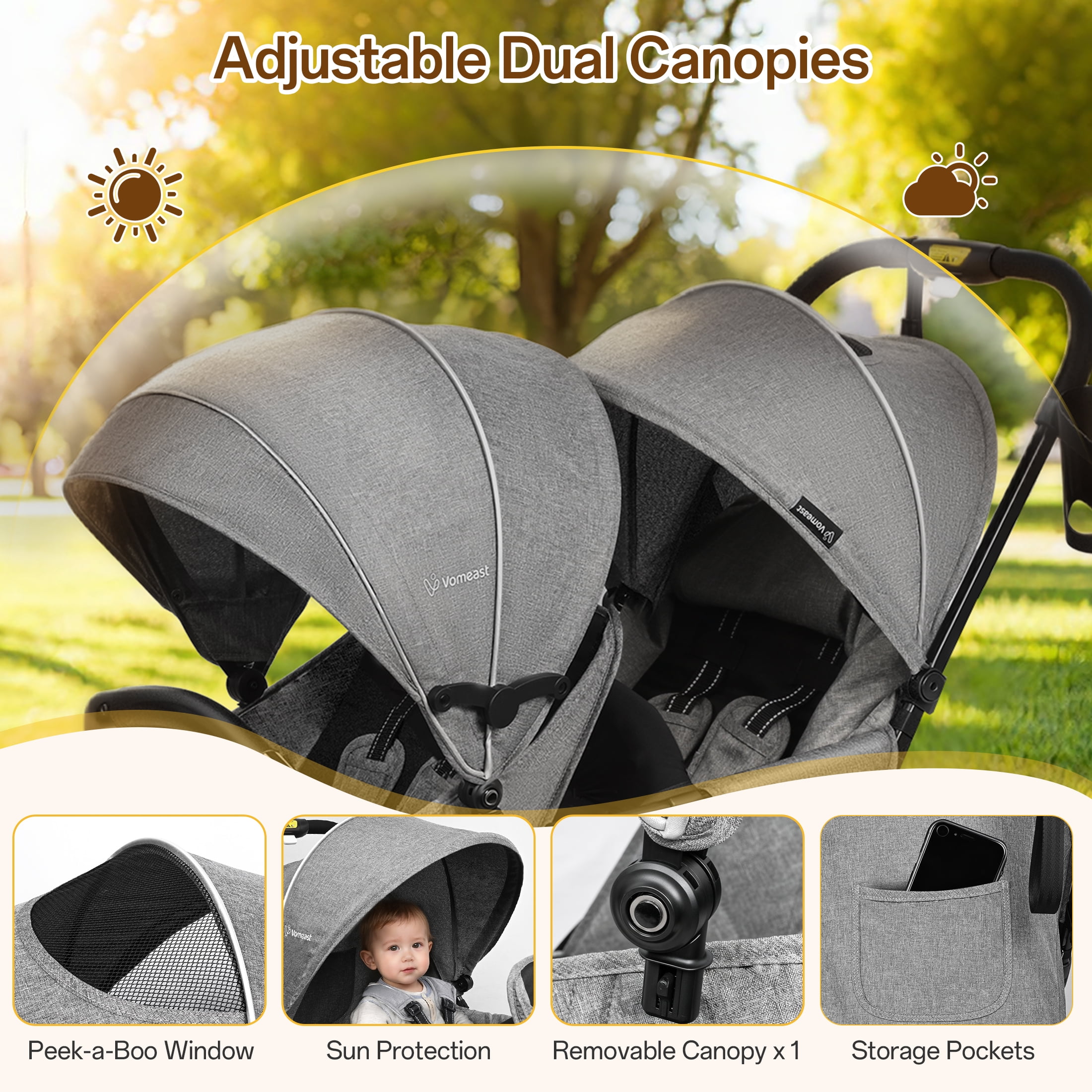 Vomeast Double Stroller for Twins, Foldable Lightweight Travel Stroller for Infant and Toddler, 5-Point Harness, Adjustable Canopy & Reclining Seat, Gray