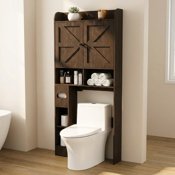 Over The Toilet Storage Cabinet, Rustic Oak Bathroom Organizer with Reversible Side Shelves, 32.3"W Farmhouse Above Toilet Cabinet