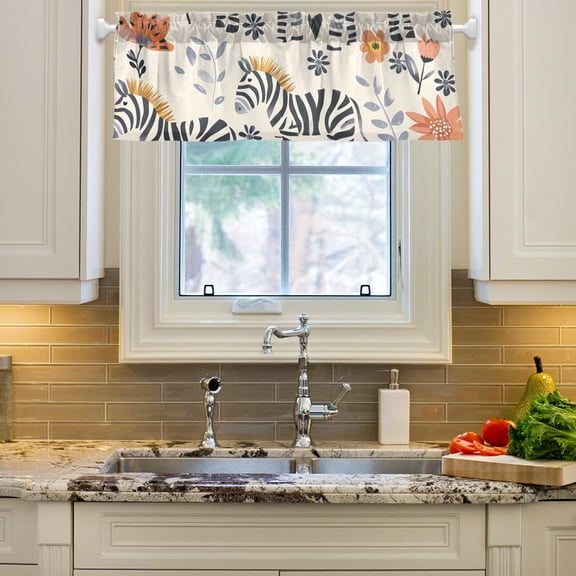 Cute Zebras and Flowers Curtain Valances Farmhouse Design Window Treatment Decor Blackout Rod Pocket for Windows Living Room Kitchen 54" x 18"