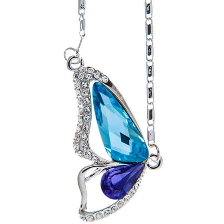 Rhodium Plated Necklace with Butterfly Wing Design with a 16 Extendable Chain and High Quality Purple and Blue Crystals by Matashi