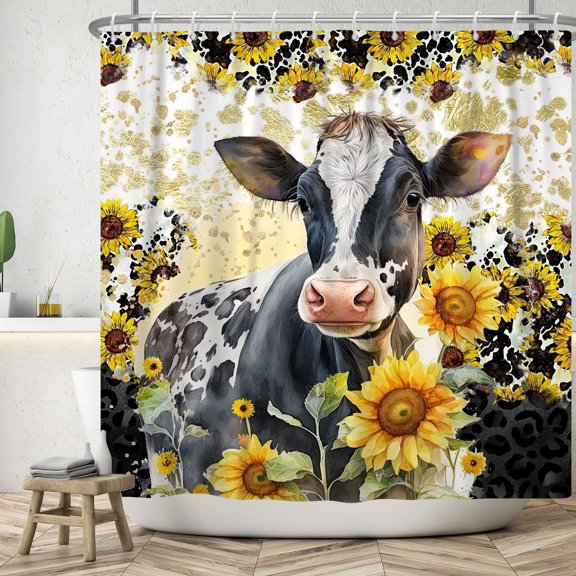 Mizhona Farm Cow Shower Curtain for Bathroom Farmhouse Animals with Sunflowers Shower Curtains Waterproof Country Decor 72"x72"
