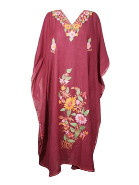Mogul Women Blood Red Kaftan Maxi Dress Floral Embellished Cotton Caftan Loose Maternity House Dresses 2XL