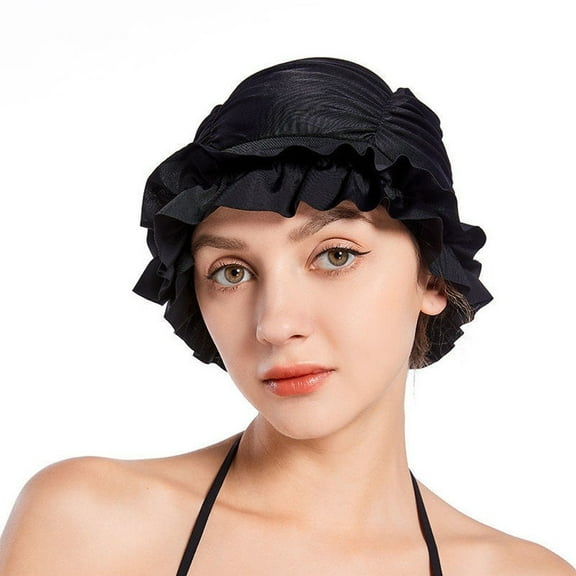 Pleated Cloth Swim Cap, Elastic Anti-Slip Swim Cap, Women Ear-protecting Bathing Cap Beach Surfing Cap for Long Short Thick Hair