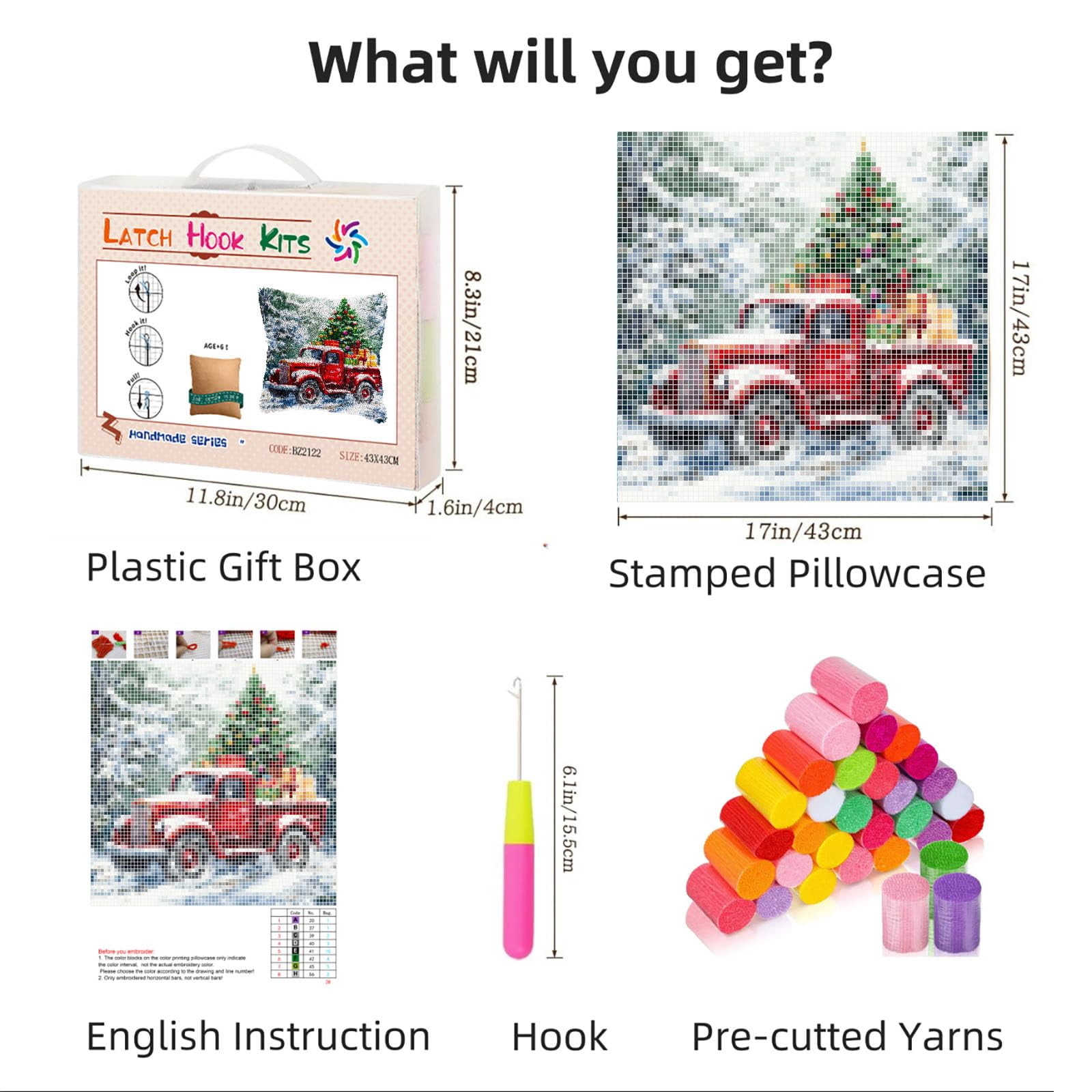 DIY Latch Hook Pillow Kits Red Truck with Christmas Tree Printed Pillowcase Crochet Yarns Hooking Handmade Pillow Cover Cushion for Home Sofa Decoration 17x17inch-2