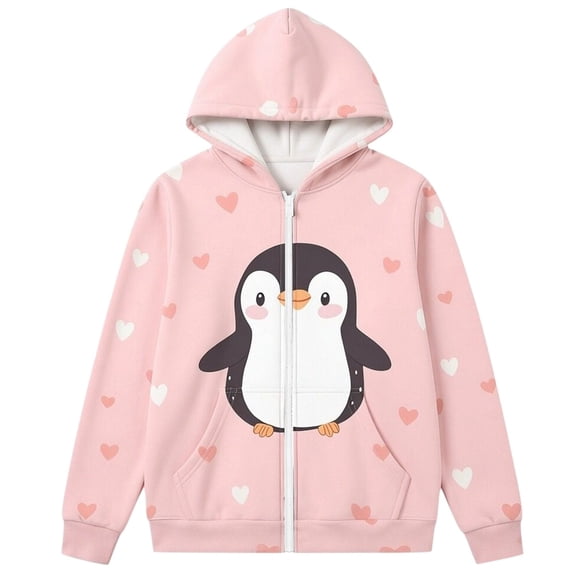 JAJAHO Zip Up Hoodie Girls Long Sleeve Sweatshirt Cute Penguin Printed Loose Fit Drop Shoulder Fall Jacket 18M-12Y